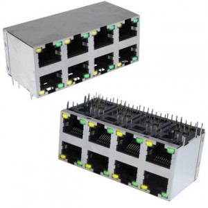 TJ9-2-10P8-04 LED, Блок сетевых розеток RJ 10P8C FTP c LED индекацией, двухрядный, 8 гнезд