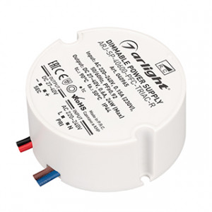 Блок питания ARJ-SP-40600-PFC-TRIAC-R (24W, 27-40V, 600mA) 040965, Диммируемый источник тока по стандарту TRIAC с гальванической развязкой для светильников и мощных светодиодов. Входное напряжение 220-240 VAC. Выходные параметры: 27-40 В, 600 mА, 24 Вт. Встроенный PFC >0,92. Негерметичный пластиковый корпус IP 44.