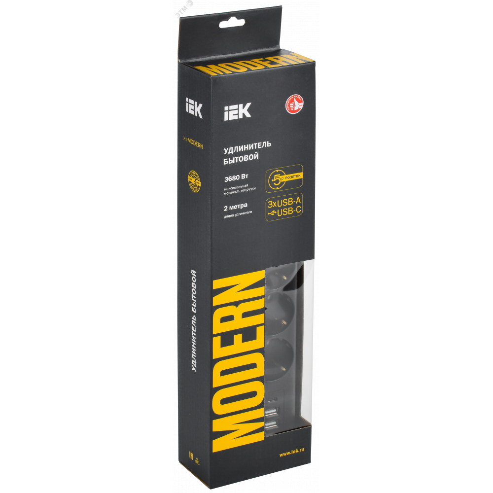 Изображение товара Удлинитель бытовой 5 розеток с заземлением USB и TYPE-C 1.8м IEK WYP12-16-05-02