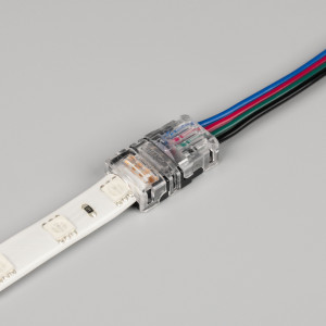 Коннектор HIP-GERM-RGB-10-4pin-STW 031997, Одиночный коннектор (без провода) для подключения питания к герметичным (IP54/IP65) RGB лентам SE (заливка силиконом сверху) шириной 10 мм. Очистка провода питания (0,5-1,0 мм2) от изоляции не требуется. Материал - прозрачный пластик