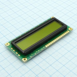 WH1601A-NYG-CT#, ЖКИ знакосинтезирующий 16 x 1, STN Желто-зеленый Позитивный/отражающий без подсветки, размеры 80x36 мм, видимая область 66x16 мм, -20...70°C, контактные площадки сверху 15 выводов