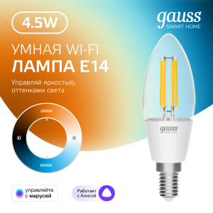 Лампа светодиодная умная филаментная LED 4.5 Вт 495 лм 2000-6500К E14 AC 220В IP20 изменение цветовой температуры и диммирование управление по Wi-Fi Smart Home 1250112