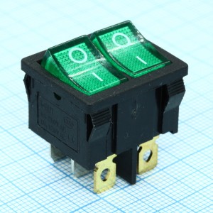 RWB-305 зеленый, Выключатель клавишный двойной с подсветкой ON-OFF (6c) 6А 250В