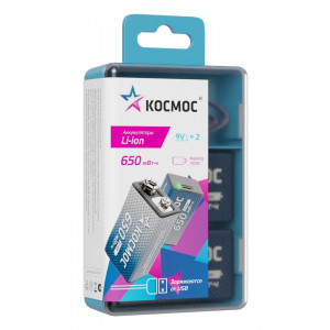 Аккумулятор крона Li-ion 9В 650мАч (уп.2шт) КОСМОС KOCLi9V650mAh2B