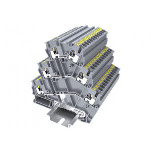 Этажная клемма TPTS2.5-2-PET, Этажная клемма, 3 этажа, угловая, нижний ряд с заземлением, тип фиксации провода: Push-in, номинальное сечение: 2,5 мм кв., ширина: 5,2 мм, цвет: серый, тип монтажа: DIN35