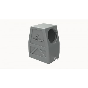 Крышка разъема D6B-SEH-2g-M25, Крышка разъема на кабель, типоразмер 6B, высокое исполнение, без уплотнителя, 1 отверстие с резьбой для кабельных вводов M25x1,5, с боковым расположением, без защелки (упоры под одну защелку), материал корпуса: алюминиевый сплав