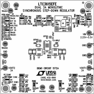 DC1572A, Средства разработки интегральных схем (ИС) управления питанием LTC3615EFE Demo Board Dual, 4MHz, 3A Synchronous Step-Down DC/DC Converter in TSSOP package