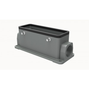 Закрытое основание разъема D24B-SF-4g-2M25, Основание разъема на панель, закрытое, типоразмер 24B, с уплотнителем, 2 отверстия с резьбой для кабельных вводов M25x1,5, без защелок (упоры для двух защелок), без защитной крышки, материал корпуса: алюминиевый сплав