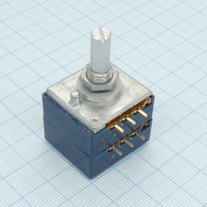 RK27112A00AK, Резистор непроволочный переменный сдвоенный горизонтальный вал 20мм, 100кОм, 0.05Вт, для регулятора громкости логариф. хар-ка (15A)