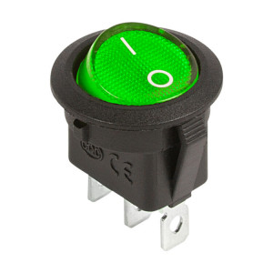 36-2588 Выключатель клавишный круглый 12V 20А (3с) ON-OFF зеленый с подсветкой (RWB-214) REXANT(кр