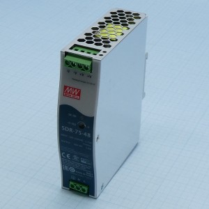 SDR-75-48, Преобразователь AC-DC на DIN-рейку  75Вт, выход 48В/1.6A (пиковый 2.34А), рег. вых 48…55В, вход 88…264V AC, 47…63Гц /124…370В DC, изоляция 3000В AC, в кожухе  32х125.2х102мм, -30…+70°С
