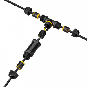 Коннектор NEO-GERM-5pin-T-WTW (4-8mm) 030760, Коннектор пластиковый Т-образный пятиконтактный для соединения проводов диаметром 4-8 мм, сечением 0,5-4 мм2. Номинальный ток 24 А. Номинальное напряжение 450 В. Цвет черный. Степень защиты IP68. Рабочая температура -20 +80°С. Подключение питания без пайк