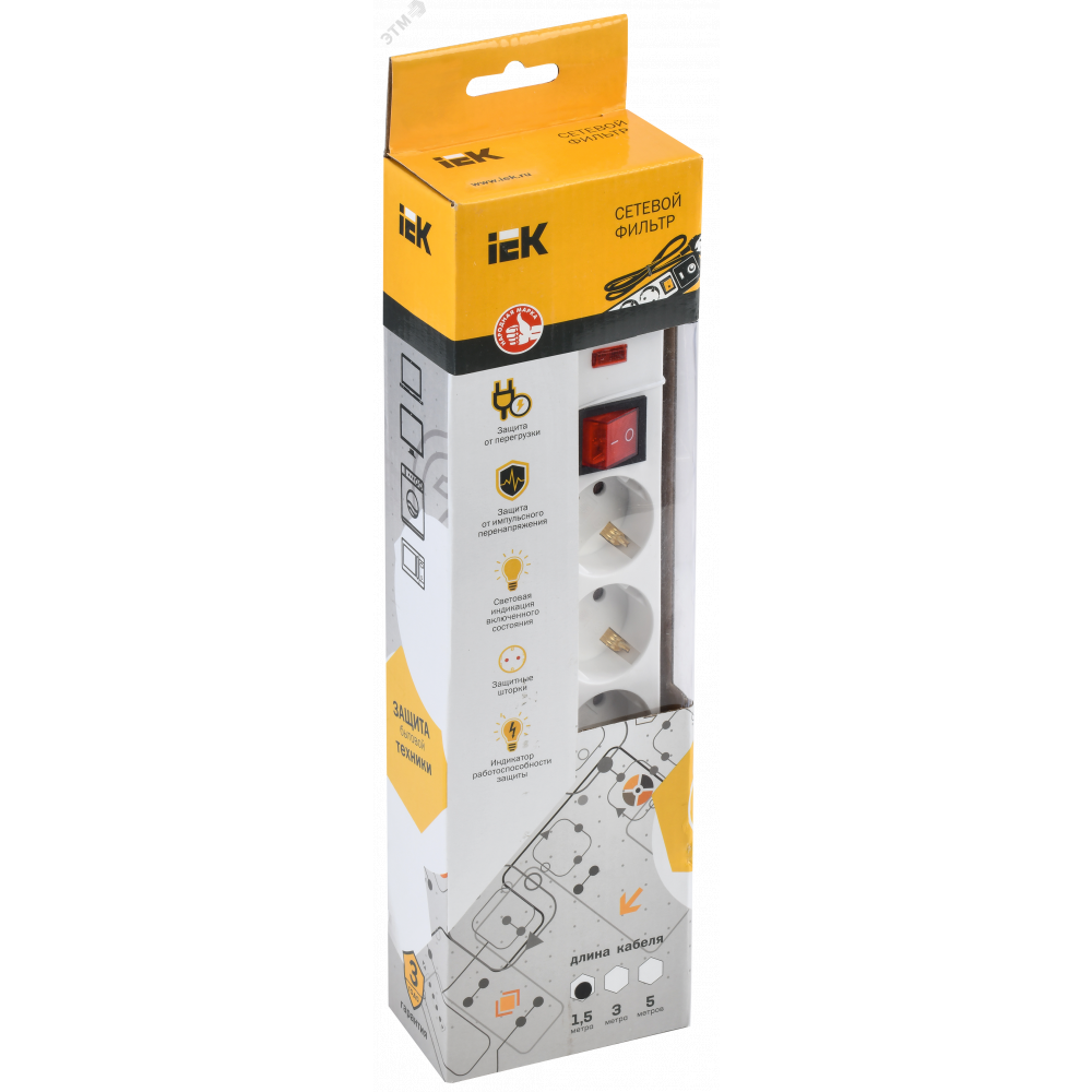 Изображение товара Сетевой фильтр IEK 16А 5 мест WFP10-16-05-01-N защита от перенапряжений