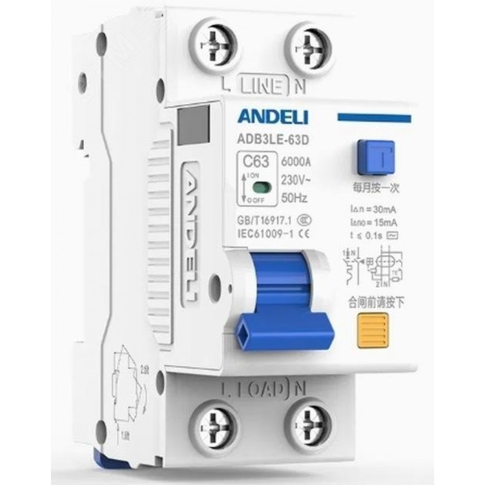 Изображение товара Дифференциальный автоматический выключатель ADB3LE-63D 1P+N 63А 30мА ANDELI