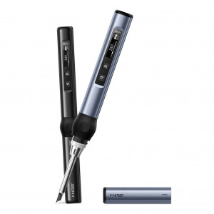 Паяльник FNIRSI HS-01 black, Мощный компактный паяльник с цифровой регулировкой температуры и сменными жалами, питании 12-24V, 65W при питании по протоколу PD и 90W при отдельном источнике 24V, комплект 1 сменное жало HS01-BC2 (T65), кабель-переходник  DC5.5*2.5 - USB Type-C, подстав