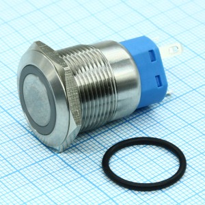 A19-C1-A-1 с синей подсветкой, Кнопка антивандальная с подсветкой 250В d19 5A 250B (5c) ON-OFF/OFF-ON с фиксацией