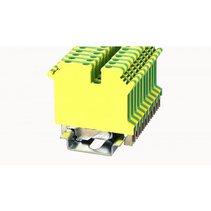 PC2.5-TW-PE-01P-1Y-00Z(H), Заземляющая клемма, 3 точки подключения, тип фиксации провода: винтовой, номинальное сечение: 2.5 мм кв., ширина: 5,2 мм, цвет: желто-зеленый, зажимная клетка - латунь, винтовая перемычка, тип монтажа: DIN35