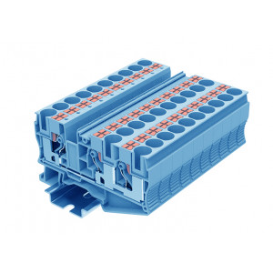 Проходная клемма TP10-3-BU, Проходная клемма, 3 точки подключения, тип фиксации провода: Push-in, номинальное сечение: 10 мм кв., 57A, 1000V, ширина: 10,2 мм, цвет: синий, тип монтажа: DIN35