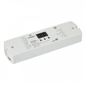 Декодер SMART-DMX-SUF (12-24V, 3x6A) 028407, Декодер DMX512 для трансляции DMX512 сигнала ШИМ(PWM) устройствам. Питание 12-24VDC. 3 канала, ток нагрузки 3x6A, мощность нагрузки 216-432W. Входной сигнал DMX512, выходной сигнал ШИМ(PWM). Цифровой дисплей на корпусе, адрес устанавливается с помощью кно