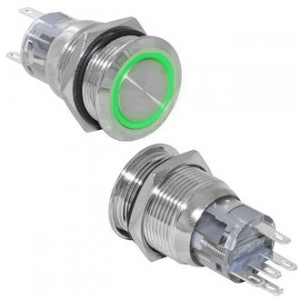 LAS1-AGQ-11ZE/G/N ON-ON, Кнопка антивандальная металлическая с фиксацией и кольцевой зеленой подсветкой, 5А 250В, резьба М19