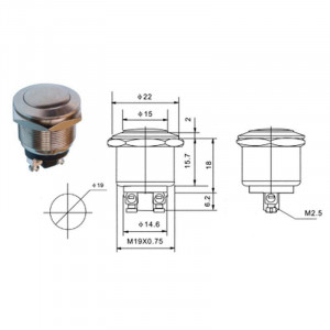 PBS-28B-2, Кнопка антивандальная d19 3A 250B (2c) OFF-(ON) плоская