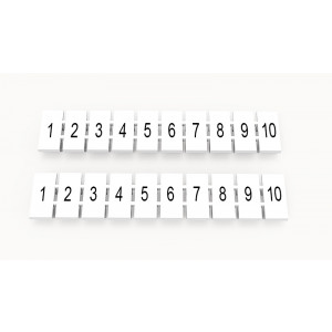 ZB5-10P-19-40Z(H), Маркировочные шильдики для клемм WS…, DC…, PC…, сечением 2,5 мм кв., центральная, 10 шильдиков, нанесенные символы: 1-10 с вертикальным расположением, размер шильдика: 4,55х10,7 мм, цвет белый