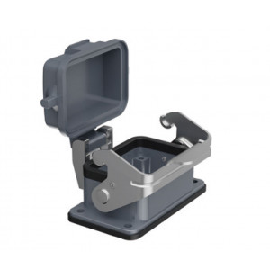 Открытое основание разъема H6B-OM-1L-PC, Основание разъема на панель, открытое, типоразмер 6B, с уплотнителем, с одной металлической защелкой, с пластиковой защитной крышкой, материал корпуса: алюминиевый сплав