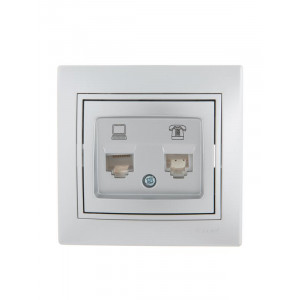 Розетка компьютерная + телефонная 2-м СП Mira RJ45 + RJ11 сер. метал. 701-1010-143