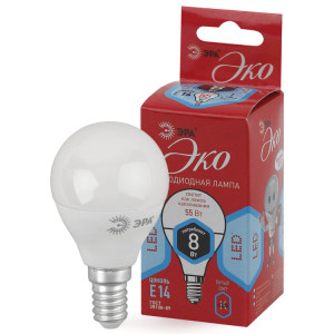 Лампочка светодиодная ЭРА RED LINE ECO LED P45-8W-840-E14 E14 / Е14 8Вт шар нейтральный белый свет(кр.1шт) [Б0030023]