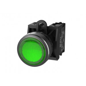 Кнопка плоская (зеленая) TS2513-0AM20-S20, Кнопка круглая плоская, без блокировки, LED AC/DC 24V, пластиковое переднее кольцо, с мгновенным нажатием, с контактной группой 2NO, диаметр головки кнопки 29,5 мм, диаметр посадочного отверстия: 22 мм, цвет: зеленый