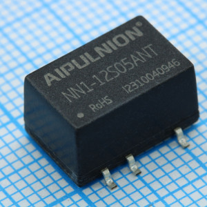 NN1-12S05ANT, DC/DC, 1Вт, вход 10.8…13.2В, выход 5В/0.02…0.2А, изоляция 1500В DC, КПД 84…86%, максимальная емкостная нагрузка не более 3000мкФ, для поверхностного монтажа, 12.7x11.2x7.25мм, -50…115°C, пластик
