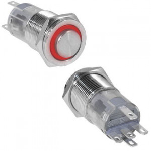 LAS2GQPH-11ZE/R/N ON-ON, Кнопка антивандальная металлическая с фиксацией с кольцевой красной подсветкой, 3А 250В, резьба М16