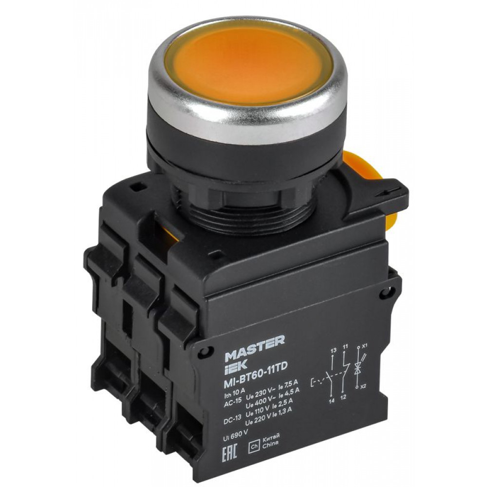 Изображение товара Кнопка с подсветкой и фикс. d=22мм 1NO+1NC жёлтая MASTER MI-BT60-11TD-3-11-K05
