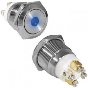 GQ19F-10D/B/N OFF-(ON), Антивандальная кнопка металлическая без фиксации с синей подсветкой, посадочная резьба М19, контакты под винт