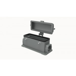 Закрытое основание разъема D24B-SF-4g-MCV-2M25, Основание разъема на панель, закрытое, типоразмер 24B, с уплотнителем, 2 отверстия с резьбой для кабельных вводов M25x1,5, без защелок (упоры для двух защелок), с защитной крышкой, материал корпуса: алюминиевый сплав