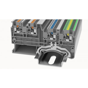 Клемма для датчиков DSIO1.5/3-PE-01P-1C-00Z(H), Клемма для подключения датчиков, с заземлением, тип фиксации провода: Push-in, номинальное сечение: 1,5 мм кв., 13,5A, 250V, ширина: 3,5 мм, цвет: серый, тип монтажа: DIN35, втычная перемычка,