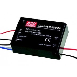 LDH-45B-700DA, DC/DC LED повышающий, вход 18…32В, выход 36…64В/0.7А, КПД до 95%, DALI, 75x53x22.7мм, DIP, -40…70°C, пластик