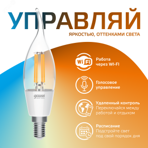 Лампа светодиодная умная филаментная LED 4.5 Вт 495 лм 2000-6500К E14 AC 220В IP20 изменение цветовой температуры и диммирование управление по Wi-Fi Smart Home 1280112
