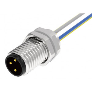 Вилочный разъем в панель M8A03C-MRHB-UC0.5, Вилочный разъем в панель, 3 полюса, M8, гайка спереди, с проводом 0,5 метра, A-Code, 3А, 60V, резьба на гайке M8*1.0, резьбовое соединение: латунь неэкранированный