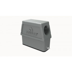 Крышка разъема D16A-SEH-2g-M25, Крышка разъема на кабель, типоразмер 16A, высокое исполнение, с уплотнителем, 1 отверстие с резьбой для кабельных вводов M25x1,5, с боковым расположением, без защелки (упоры под одну защелку), материал корпуса: алюминиевый сплав