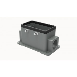 Закрытое основание разъема D10B-SF-4g-2PG16, Основание разъема на панель, закрытое, типоразмер 10B, с уплотнителем, 2 отверстия с резьбой для кабельных вводов PG16, без защелок (упоры для двух защелок), без защитной крышки, материал корпуса: алюминиевый сплав