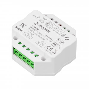 SMART-TRIAC-601-72-PD-IN, TRIAC диммер, предназначенный для установки в подрозетник. Управляется пультами и панелями серии SMART. Интерфейс Tuya, TUYA (ZIGBEE), совместим с приложением INTELLIGENT ARLIGHT и SMART LIFE. Питание 100-240VAC, макс.ток 1.5А. Габариты: 52x52x26 мм.