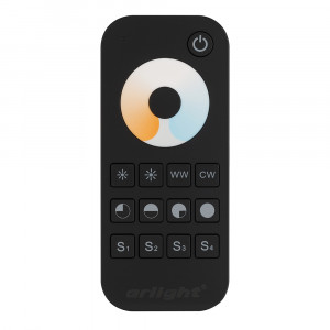 Пульт SMART-R34-MIX Black (1 зона, 2.4G) 025032, Кнопочный радиопульт с сенсорным кольцом 2.4 ГГц черного цвета для управления MIX-источником света. 1 зона управления, 4 слота памяти пользовательских настроек, управление яркостью с помощью сенсорного кольца. Питание 3VDC (AAA*2). Габариты 122x53x18 мм.