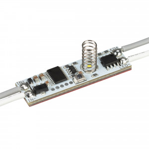 Микродиммер SR-IRIS-SN-DIM (12-24V, 1x5A, 38x10mm) 029108(2), Сенсорный диммер с подсветкой (есть возможность регулировки яркости и отключение подсветки зоны сенсора), встраиваемый в профиль. Реагирует на прикосновение к экрану. Короткое нажатие - плавное включение и выключение света. Длинное нажатие - плавное измен