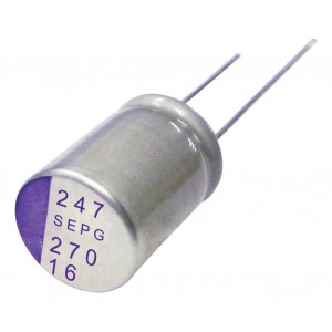 16SEPG270M, Конденсатор алюминиевый полимерный 270мкФ 16В ±20% (6.3х10мм) шаг радиальных выводов 2.5мм 0.008Ом 5800мА 5000час 105C
