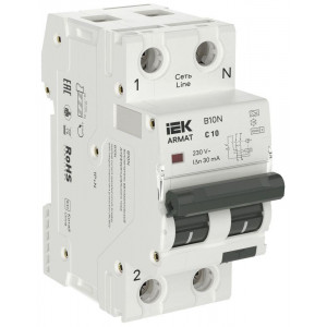 ARMAT Автоматический выключатель дифференциального тока B10N 1P+NP C10 30мА тип A (36мм) IEK AR-B10N-1N-C010A030