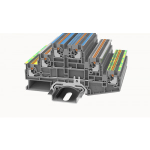 Этажная клемма DS1.5-3L-L/N/PE-01P-11-00Z(H), Этажная клемма, 3 этажа, L-L-PE, нижний ряд с заземлением, тип фиксации провода: Push-in, номинальное сечение: 1.5 мм кв., 15A, 500V, ширина: 3,5 мм, цвет: серый, тип монтажа: DIN35