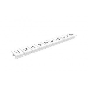 Маркировка (полоска) 310801/L1.L2.L3.N.PE, Маркировочные шильдики, для клемм сечением 10 мм.кв., боковая, 10 шильдиков, нанесенные символы: L1.L2.L3.N.PE, с горизонтальным расположением, размер шильдика: 10 x 10,6 мм, цвет: белый