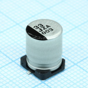 EEHZA1J330P, Полимерный гибридный алюминиевый конденсатор 33мкФ 63В ±20% (8 X 10.2мм) для поверностного монтажа 0.04Ом 1600мА 10000час 105°C автомобильного применения лента на катушке