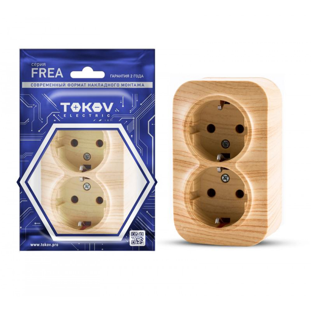 Изображение товара Розетка 2-м ОП Frea 16А IP20 250В с заземлением АБС-пластик сосна